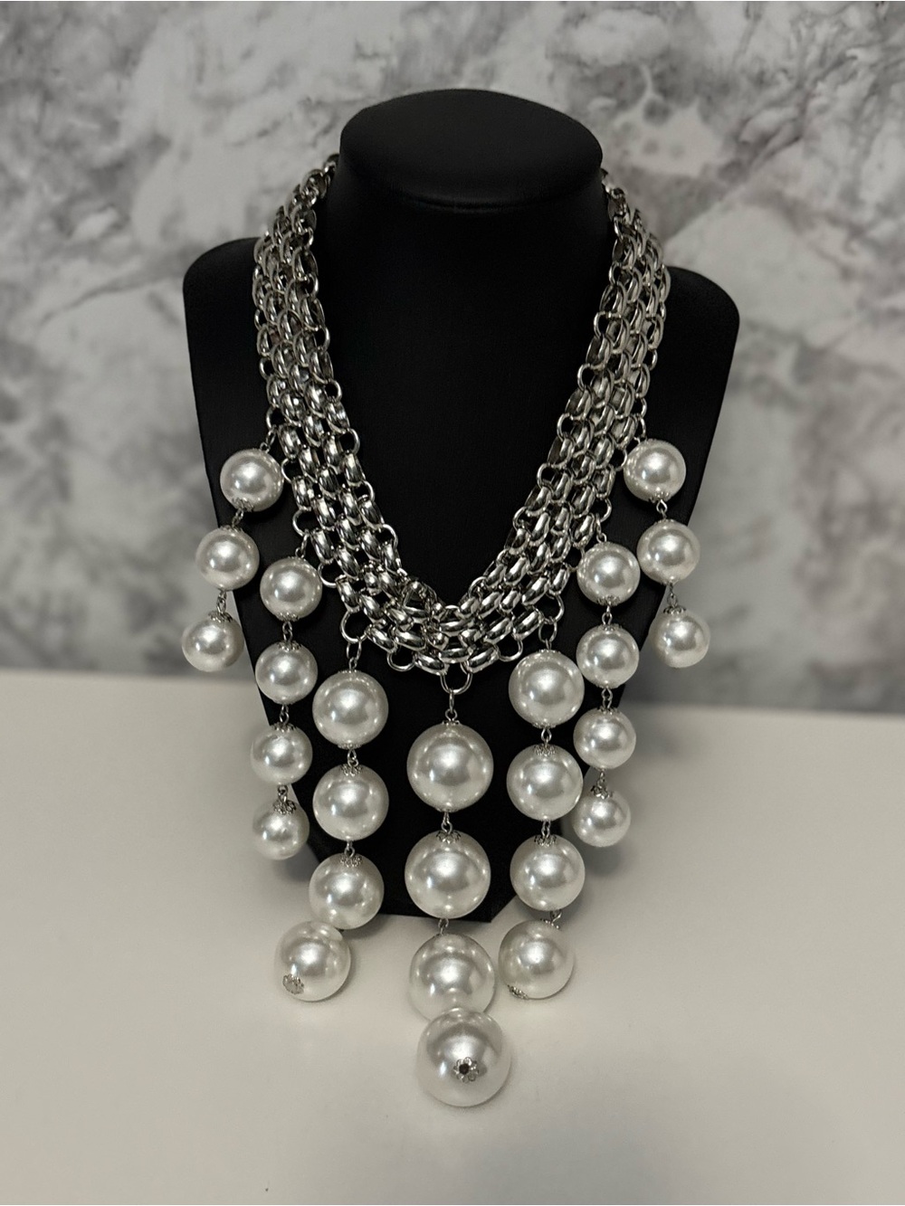 Elegant Silver-Tone Pearl Statement Necklace Set - White Pearls